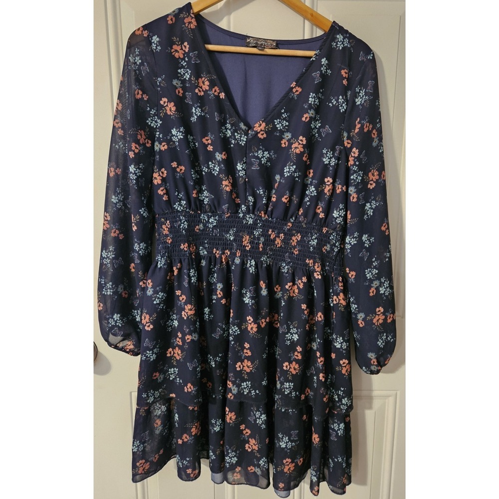 J Glee XL Floral Dress Navy Blue Smocked Waist Tiered‎ Long Sleeve Mini Dress